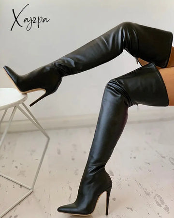 Xajzpa Black Sexy Over The Knee Boots For Women High Heels Shoes Ladies Thigh 2023 Winter Big Size